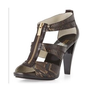 Michael Kors Womens Brown Snake Embossed Leather Zip Front Cage Sandals Heels